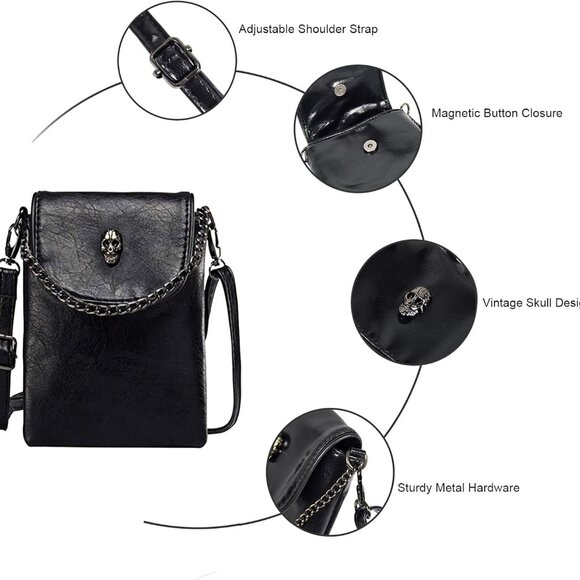 Small Crossbody Cell Phone Purse Gothic Leather Bag Shoulder Travel Purse - Picture 5 of 9